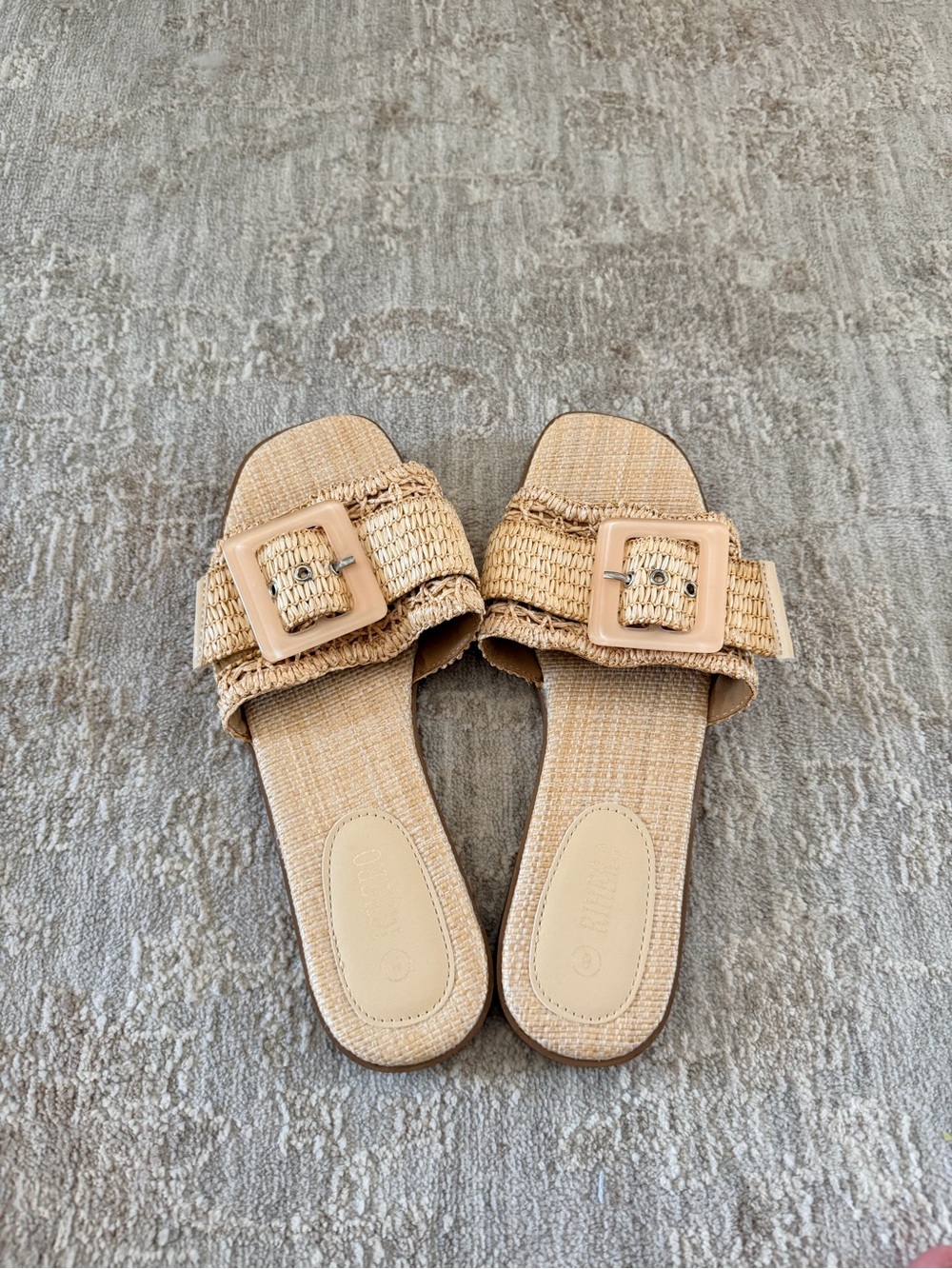 Woven Buckle Slide Sandals in Natural Beige